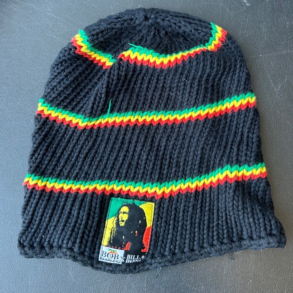 Billabong x Bob Marley Organic Cotton Chunky Knit Rasta Stripe Beanie Hat Black
